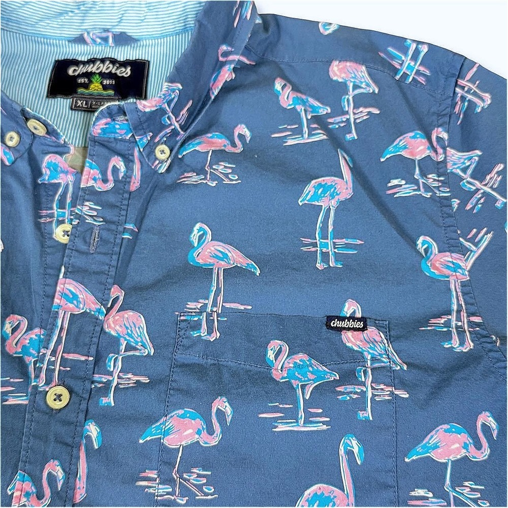 Chubbies Mingos Flamingo Short Sleeve Button Down Shirt Mens XL Cotton Blue Pink - Picture 4 of 11